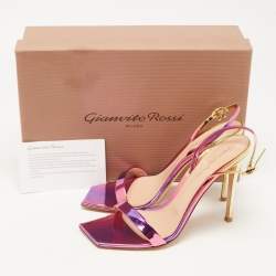 Pre Owned Gianvito Rossi Pink/Gold Foil Leather Ribbon Stiletto Ankle Strap Sandals Size 39