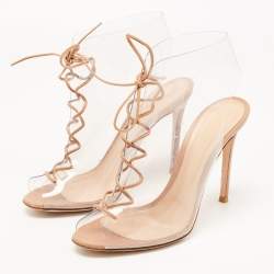 Gianvito Rossi Beige PVC And Leather Helmut Lace Up Boots Size 39.5