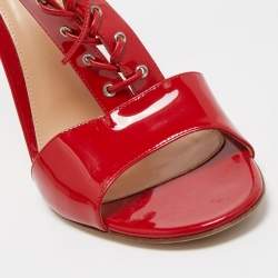 Pre Owned Gianvito Rossi Red Patent Leather T-Strap Lace Up Sandals Size 41