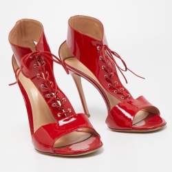 Pre Owned Gianvito Rossi Red Patent Leather T-Strap Lace Up Sandals Size 41