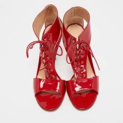 Pre Owned Gianvito Rossi Red Patent Leather T-Strap Lace Up Sandals Size 41
