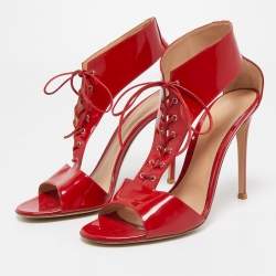 Pre Owned Gianvito Rossi Red Patent Leather T-Strap Lace Up Sandals Size 41