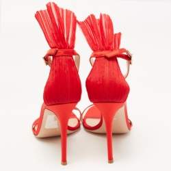 Pre Owned Gianvito Rossi Red Satin And Plisse-Cuff Belvedere Sandals Size 40