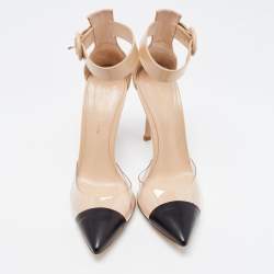 Pre Owned Gianvito Rossi Beige/Black Leather and PVC Ankle Strap Pumps Size 36.5