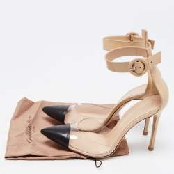 Pre Owned Gianvito Rossi Beige/Black Leather and PVC Ankle Strap Pumps Size 36.5