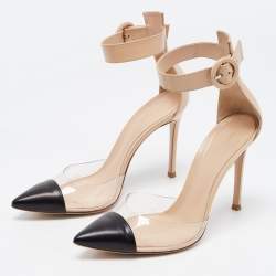 Pre Owned Gianvito Rossi Beige/Black Leather and PVC Ankle Strap Pumps Size 36.5