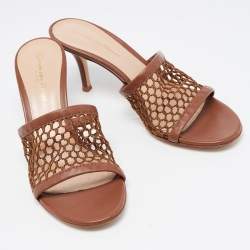 Pre Owned Gianvito Rossi Brown Leather and Mesh Slide Sandals Size 38