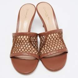 Pre Owned Gianvito Rossi Brown Leather and Mesh Slide Sandals Size 38