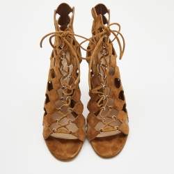 Pre Owned Gianvito Rossi Brown Suede Azalia Cut Out Lace Up Sandals Size 41