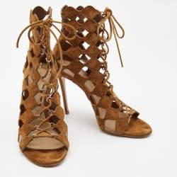 Pre Owned Gianvito Rossi Brown Suede Azalia Cut Out Lace Up Sandals Size 41