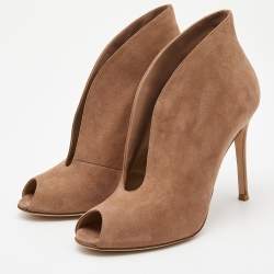 Pre Owned Gianvito Rossi Brown Suede Vamp V- Neck Peep Toe Booties Size 37.5
