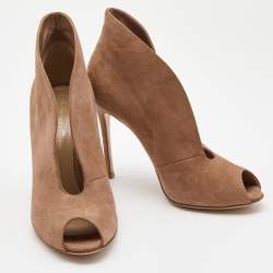 Pre Owned Gianvito Rossi Brown Suede Vamp V- Neck Peep Toe Booties Size 37.5