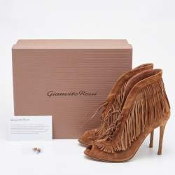 Pre Owned Gianvito Rossi Tan Suede Fringe Lace Up Ankle Booties Size 39