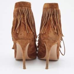 Pre Owned Gianvito Rossi Tan Suede Fringe Lace Up Ankle Booties Size 39
