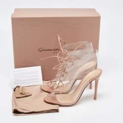Pre Owned Gianvito Rossi Beige PVC And Leather Helmut Lace Up Booties Size 36.5