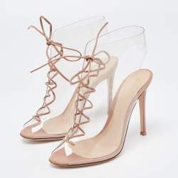 Pre Owned Gianvito Rossi Beige PVC And Leather Helmut Lace Up Booties Size 36.5
