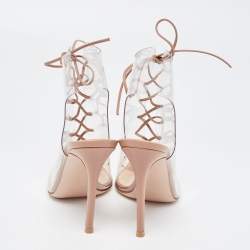 Pre Owned Gianvito Rossi Beige PVC And Leather Helmut Lace Up Booties Size 36.5