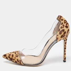 Pre Owned Gianvito Rossi Brown/Beige Leopard Print Calf Hair Plexi Pumps Size 37.5
