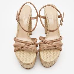 Pre Owned Gianvito Rossi Beige Leather Ankle Strap Espadrille Platform Sandals Size 41