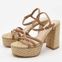 Pre Owned Gianvito Rossi Beige Leather Ankle Strap Espadrille Platform Sandals Size 41