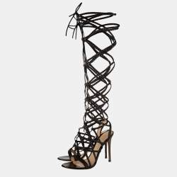 Pre Owned Gianvito Rossi Black Leather Braided Gladiator Knee High Sandals Size 38