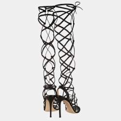 Pre Owned Gianvito Rossi Black Leather Braided Gladiator Knee High Sandals Size 38