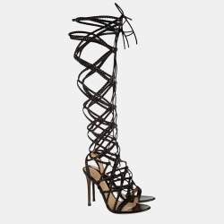 Pre Owned Gianvito Rossi Black Leather Braided Gladiator Knee High Sandals Size 38