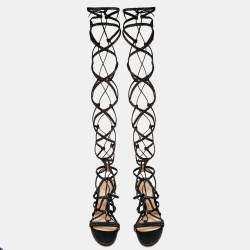 Pre Owned Gianvito Rossi Black Leather Braided Gladiator Knee High Sandals Size 38