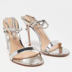 Pre Owned Gianvito Rossi Silver Leather Crystal Embellished Tennis Sandals Size 37