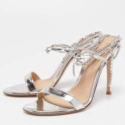 Pre Owned Gianvito Rossi Silver Leather Crystal Embellished Tennis Sandals Size 37
