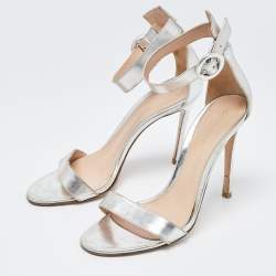 Pre Owned Gianvito Rossi Silver Foil Leather Portofino Ankle Strap Sandals Size 38
