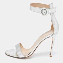 Pre Owned Gianvito Rossi Silver Foil Leather Portofino Ankle Strap Sandals Size 38