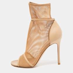 Pre Owned Gianvito Rossi Beige Mesh and Leather Peep Toe Ankle Boots Size 38