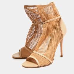 Pre Owned Gianvito Rossi Beige Mesh and Leather Peep Toe Ankle Boots Size 38