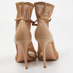 Pre Owned Gianvito Rossi Beige Mesh and Leather Peep Toe Ankle Boots Size 38