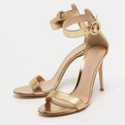Pre Owned Gianvito Rossi Metallic Gold Leather Portofino Ankle Strap Sandals Size 37.5