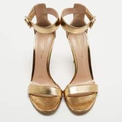 Pre Owned Gianvito Rossi Metallic Gold Leather Portofino Ankle Strap Sandals Size 37.5