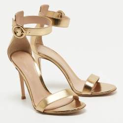 Pre Owned Gianvito Rossi Metallic Gold Leather Portofino Ankle Strap Sandals Size 37.5