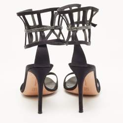 Pre Owned Gianvito Rossi Black Satin Crystal Embellished Ankle Strap Sandals Size 37.5