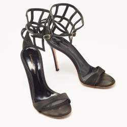 Pre Owned Gianvito Rossi Black Satin Crystal Embellished Ankle Strap Sandals Size 37.5