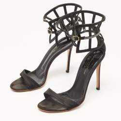 Pre Owned Gianvito Rossi Black Satin Crystal Embellished Ankle Strap Sandals Size 37.5