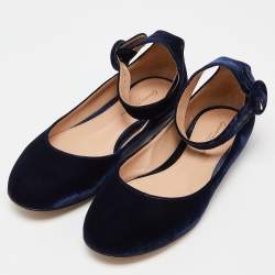Pre Owned Gianvito Rossi Blue Velvet Ankle Strap Ballet Flats Size 39