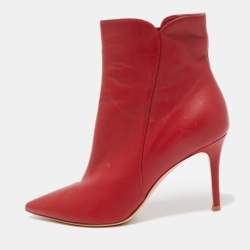 Pre Owned Gianvito Rossi Red Leather Pointed Toe Ankle Length Boots Size 37.5