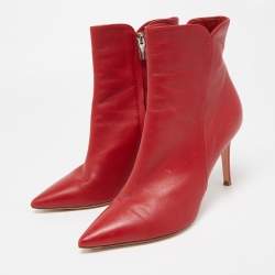 Pre Owned Gianvito Rossi Red Leather Pointed Toe Ankle Length Boots Size 37.5