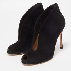 Pre Owned Gianvito Rossi Black Suede Vamp Peep Toe Booties Size 36.5
