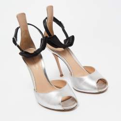 Pre Owned Gianvito Rossi Silver Leather and Satin Bow Ankle Strap Sandals Size 37