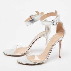 Pre Owned Gianvito Rossi Metallic Silver Leather and PVC Portofino Ankle Strap Sandals Size 38.5