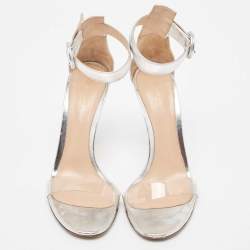 Pre Owned Gianvito Rossi Metallic Silver Leather and PVC Portofino Ankle Strap Sandals Size 38.5