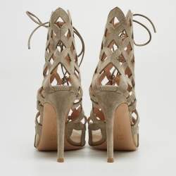 Pre Owned Gianvito Rossi Grey Suede Lattice Sandals Size 38.5