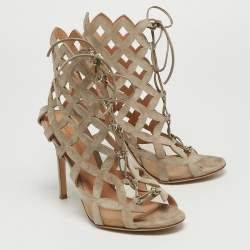 Pre Owned Gianvito Rossi Grey Suede Lattice Sandals Size 38.5
